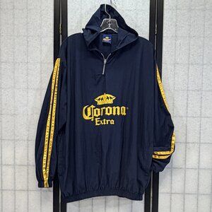 Corona Beer Quarter Zip Hooded Windbreaker L/XL Blue Gold Long Sleeve Pockets